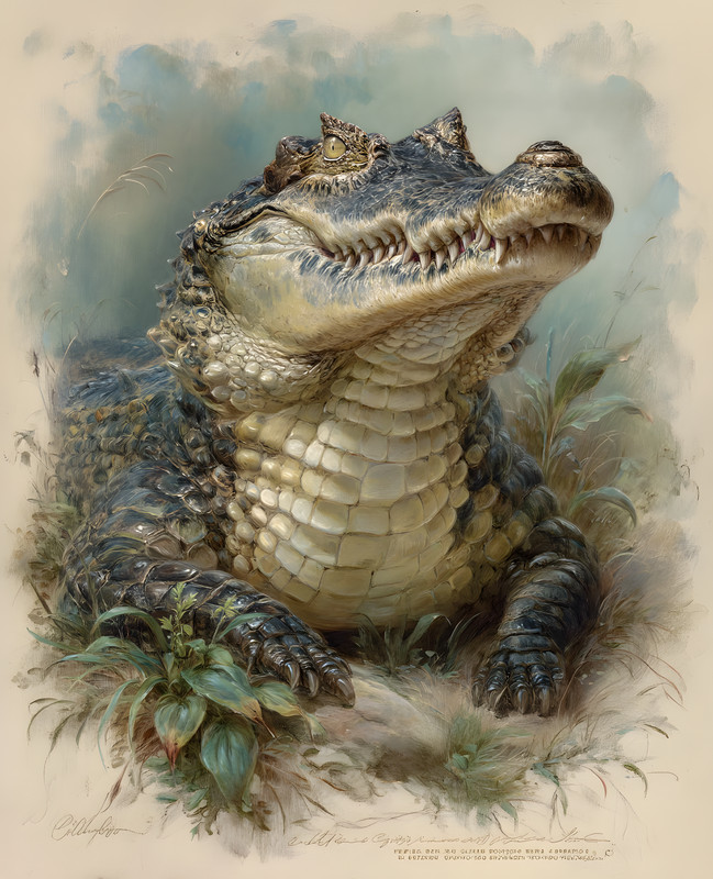 8×10 Smiling Alligator Botanical Portrait Art Print – 264210545
