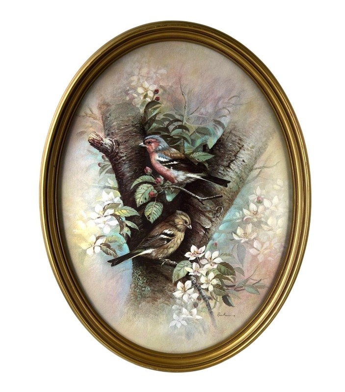Vintage Ruane Manning Oval Two Birds in Tree Wall Art MCM Gold Frame Floral