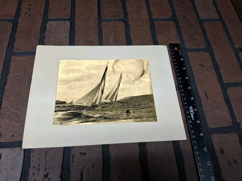 Vintage Gold Foil Ship Sailboat at Sea Prints Foil Art