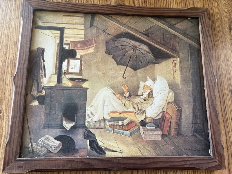 framed art print of «The Poor Poet» (Der arme Poet) by Carl Spitzweg. 20X17