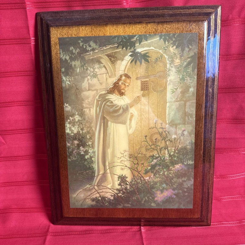 Vintage Lacquered Wood Warner Sallman Litho Print “Christ At Heart’s Door”