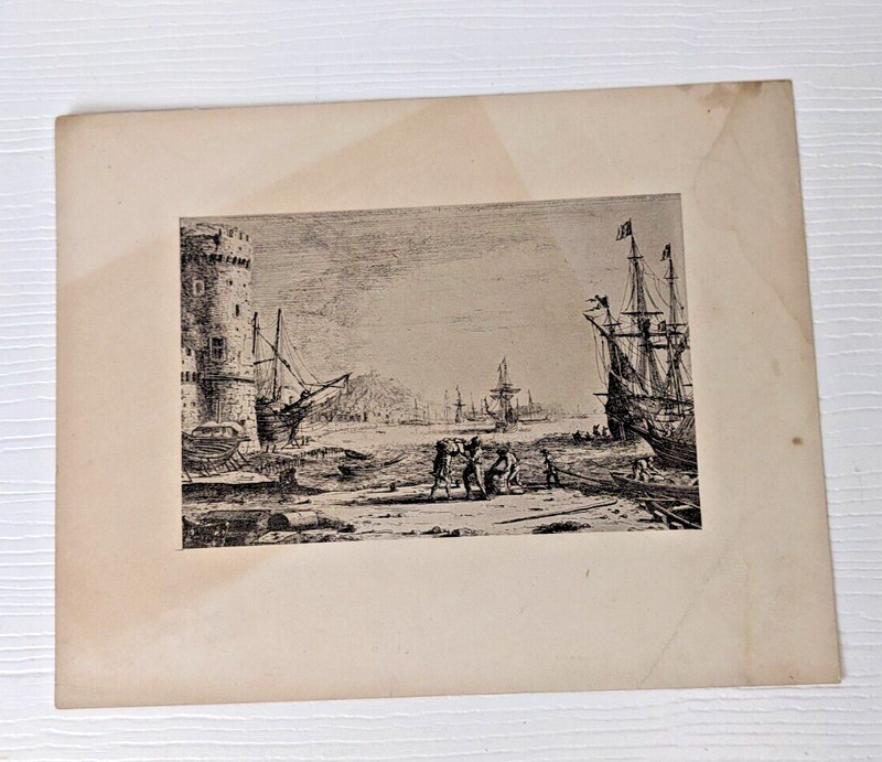 Vintage antique print Harbour with a large tower by Claude Lorrain as is