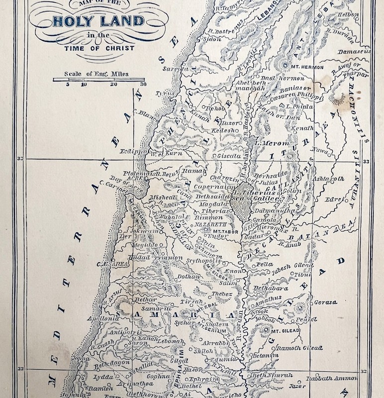 Map Holy Land In Time Of Christ Woodcut 1871 Victorian Bible Religious Art DWY5B