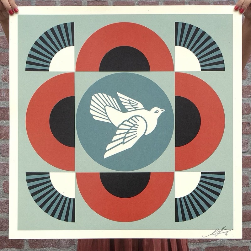 Shepard Fairey Geometric Dove Red Hand Signed Obey Giant Offset Lithograph Art
