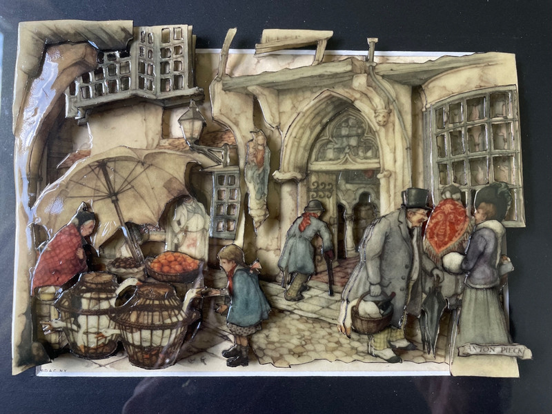 Vtg Anton Pieck 3D Art Hand Cut Paper Tole framed Picture vendor street scene