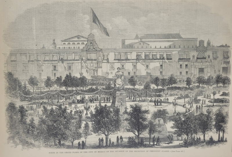 Mexico City 1867 Scene in the Grand Plaza Rec. of President Juarez vtg print