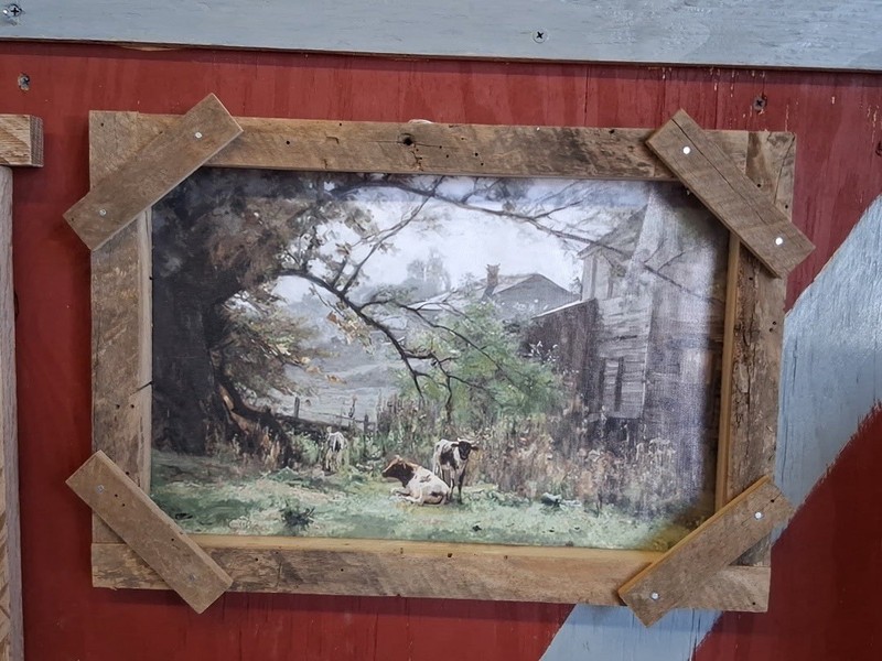 Framed Art Print Cows Farmhouse Barn Tree Landscape Nature Agriculture