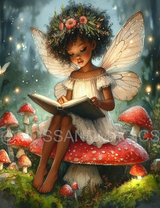 Forest Black Fairy Reading book Mushroom Whimsical Fantasy Watercolor print Art gallery