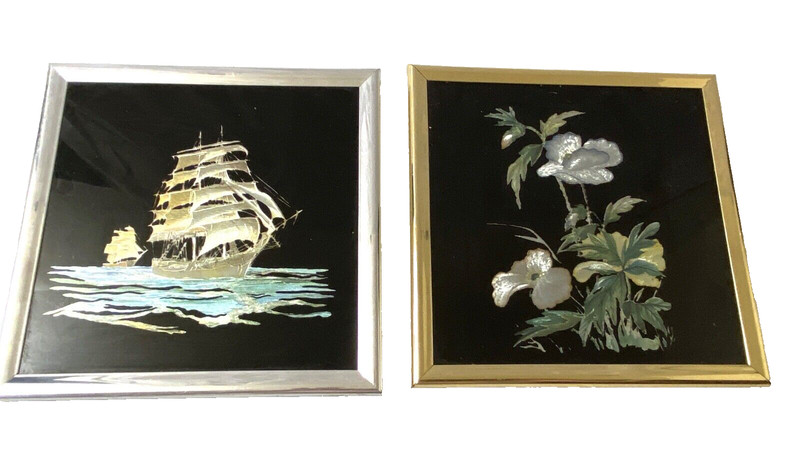 Pair of Small 6” x 6” Foil Metallic Print PicturesShip Silver Frame Flower Gold