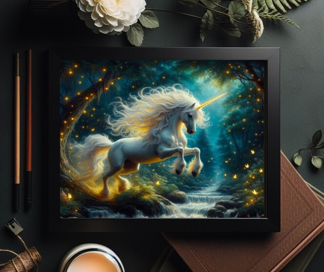 Unicorn Magical Forest Stream Fireflies mythical Fantasy Painting wall art
