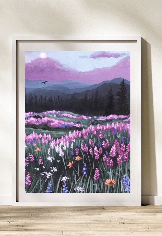 Wildflower Mountain & Meadow Landscape Art | Aesthetic Wall Art | Original Art