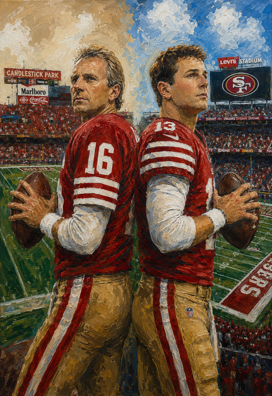 SAN FRANCISCO 49ERS-JOE MONTANA-BROCK PURDY 13X19 OIL PAINTING PRINT