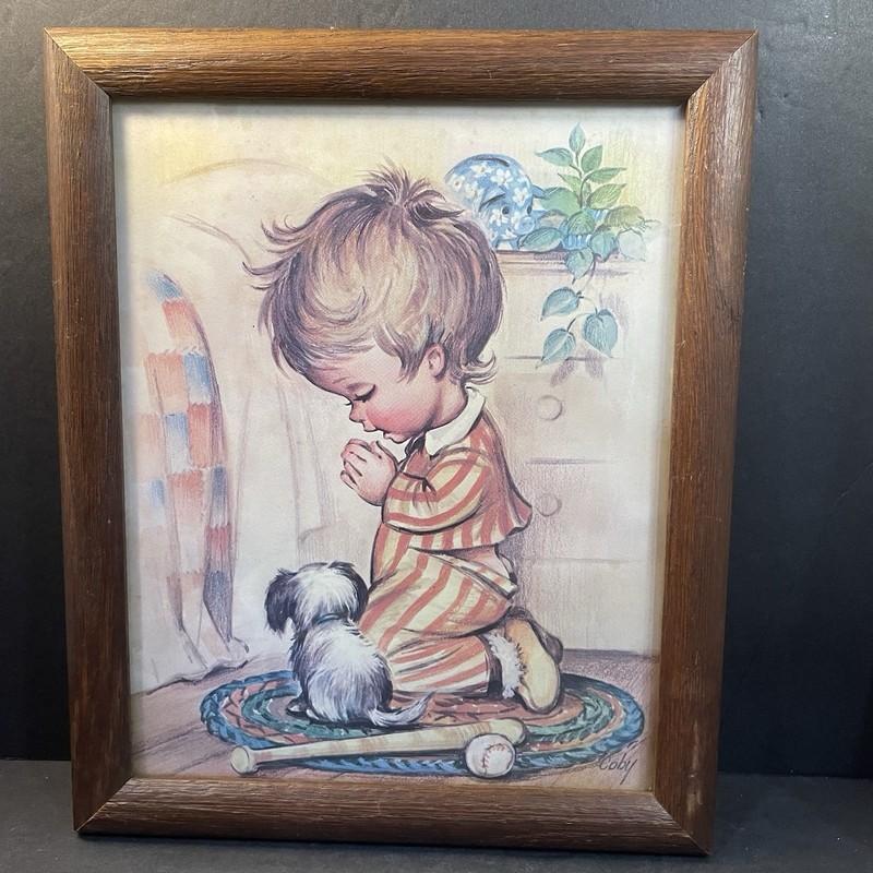 Coby Little Boy & Puppy Praying Print 1980’s Wood Frame 8”x10” Vintage