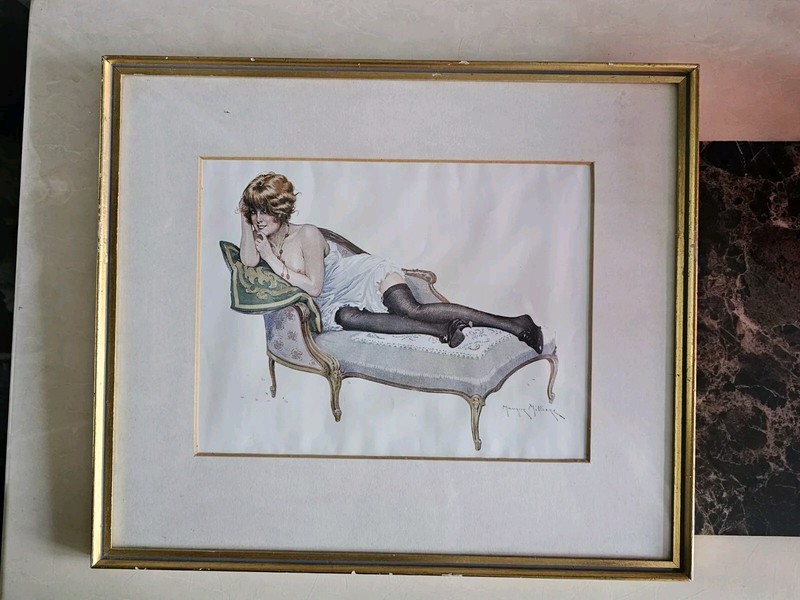 Art Deco Maurice Milliere ‘Waiting For Him’ Art Print Framed French Artist Lady