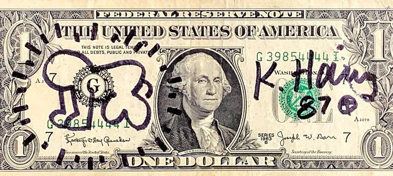 Hand signed - Keith Haring - Doodled $1 Authentic United States Bank Note gallery