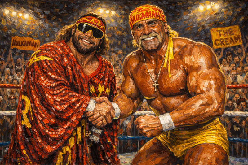 13×19 oil painting print of Hulk Hogan and Macho Man