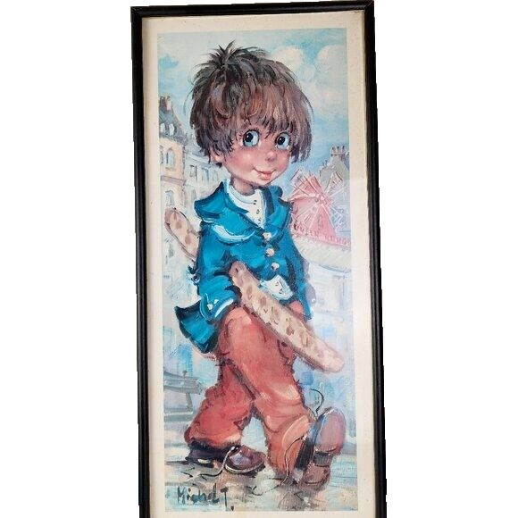 Vintage Michel Thomas Boy With Baguette Moulin Rouge Framed Print Big Eyes