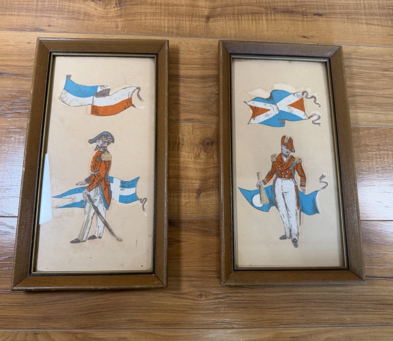 Antique Pair Of Framed 18th Century Military Soilders W/Flags Art Print 1800s