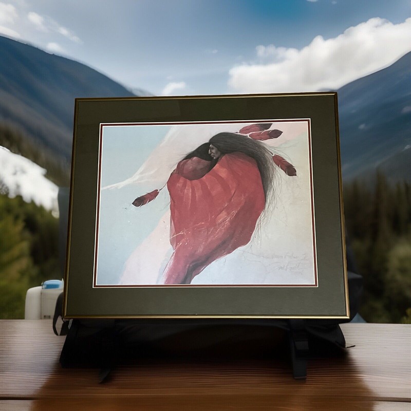 1986 Frank Howell Framed Wall Art Red Feathers On A Salmon Sky Native American