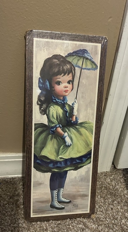Vintage Maio Big Eye Art Print Litho on Cork Signed Green Dress 1960s Sealed 15”