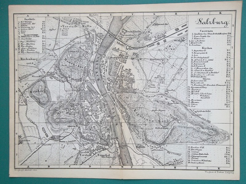 AUSTRIA Salzburg City Plan – 1880 Map 6 x 8″ (15 x 20 cm) Baedeker