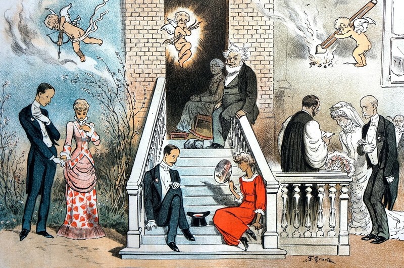 Love Marriage Romance Divorce 1883 DON’T MARRY in HASTE Lawyers Cupid Puck Print