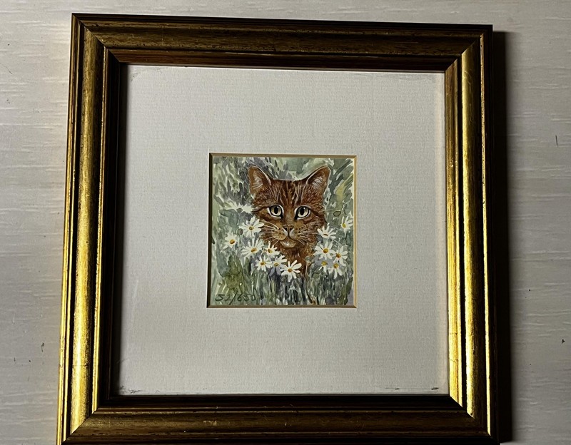 Lesley Holmes Cat Daisies Small Limited Edition Miniature Print Framed Numbered