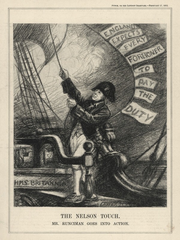 RARE 1932 British Political Cartoon WALTER RUNCIMAN Horatio Nelson NELSON TOUCH