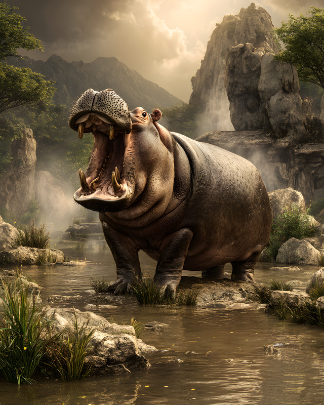 8×10 Hippo Roaring in Rocky Sunlit River Art Print – 670855512