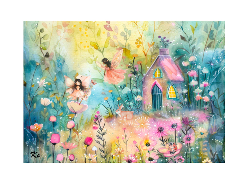 Whimsical collage fairy girls playing among the flowers, art card 2.5x3.5 ACEO