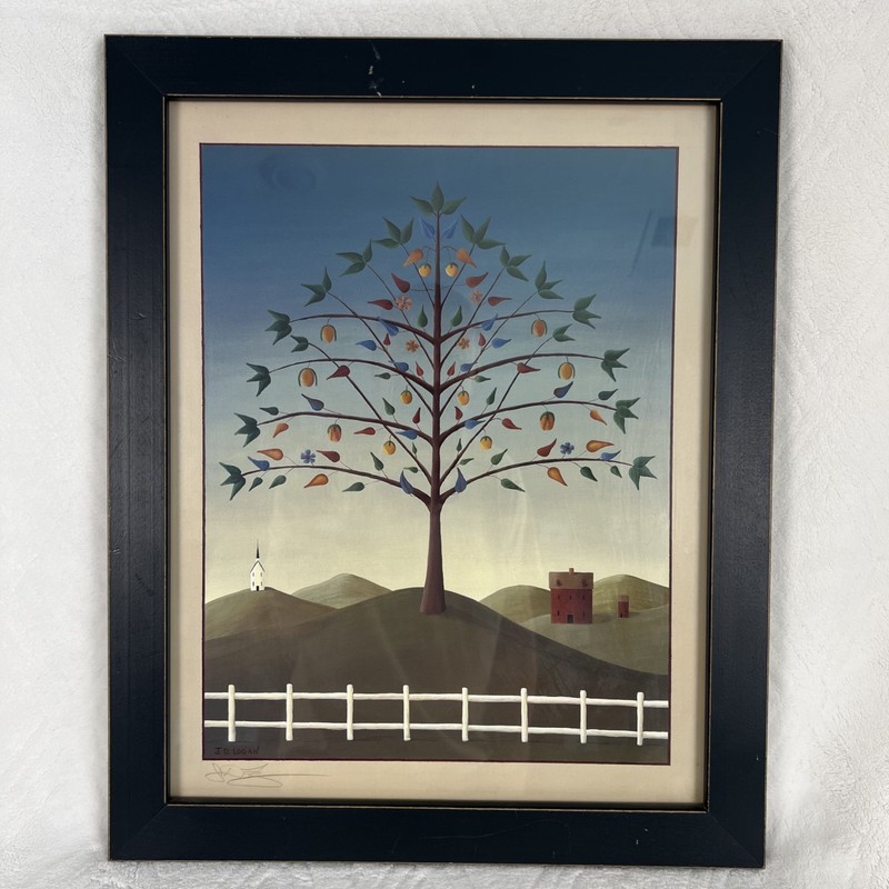 JD Logan Signed Folk Art Print Framed New England Landscape Tree Church Shaker