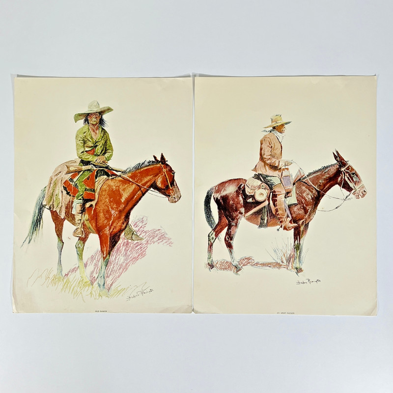 Vintage Frederic Remington Penn Prints Pair Old Ramon Army Packer Western Art