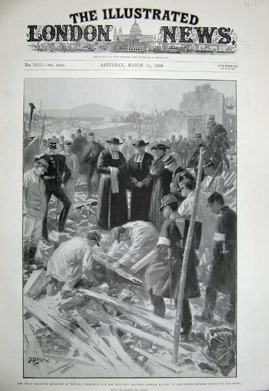 Old Antique Print 1899 Bomb Explosion Toulon War Searching Dead Priests 19th