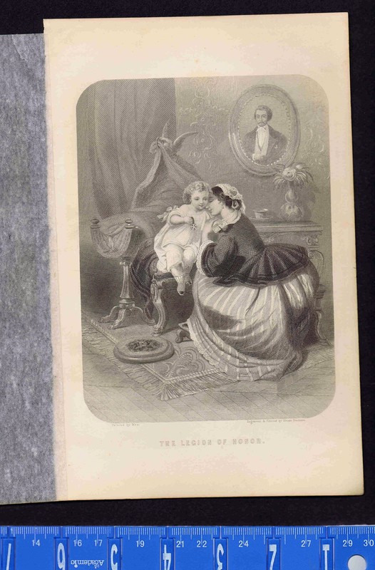 Wife & Baby Son Holding Father’s Legion of Honor Medal -1878 Engraved Print