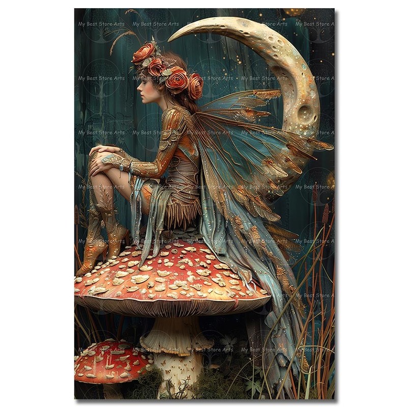 Fairy Mushroom Art Print, Moon Fairy Poster, Fantasy Wall Decor