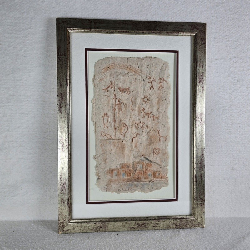 Framed Artwork Depicting Ancient Petroglyphs Clay Paper Southwestern 13.5x19 In