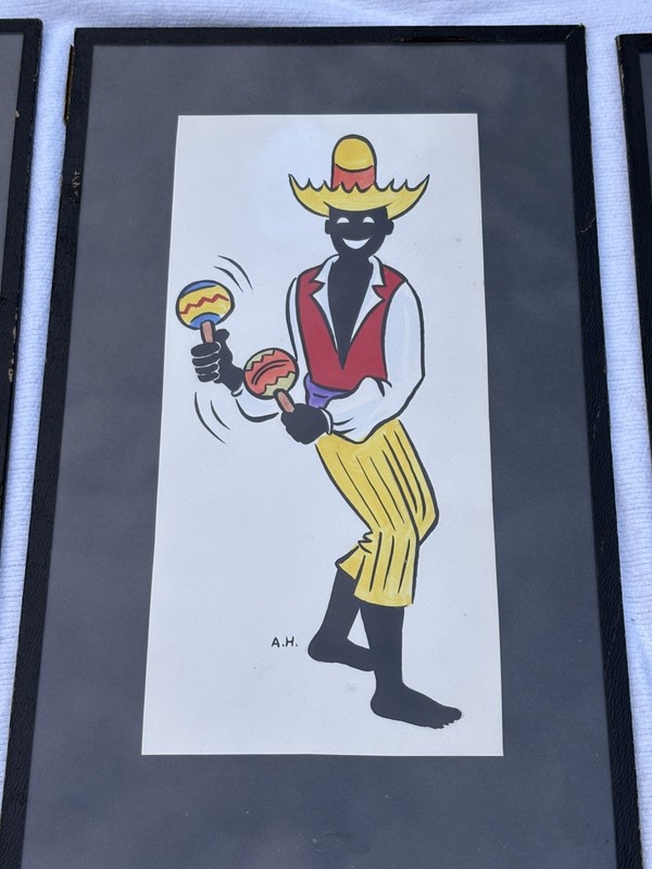 Vintage 50’s MCM Musician Trio Caribbean Folk Art Watercolor Prints Set Of 3 gallery