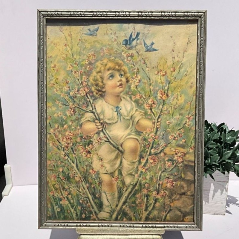 Vintage 1931 print Zula Kenyon little girl and blue birds stunning