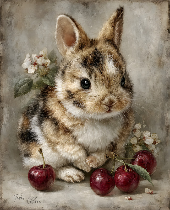 8x10 Cozy Storybook Small Rabbit with Cherries Art Print Cottagecore - 857043286