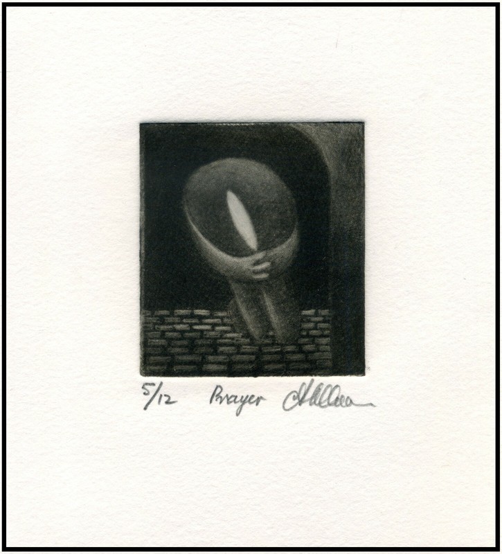 PRAYER Praying Figure. Modernist Expressionist ORIGINAL MEZZOTINT Signed