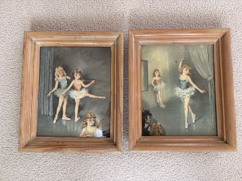 Vintage Wood Framed Florence Kroger Colored Prints of Ballet Dancers By Flo