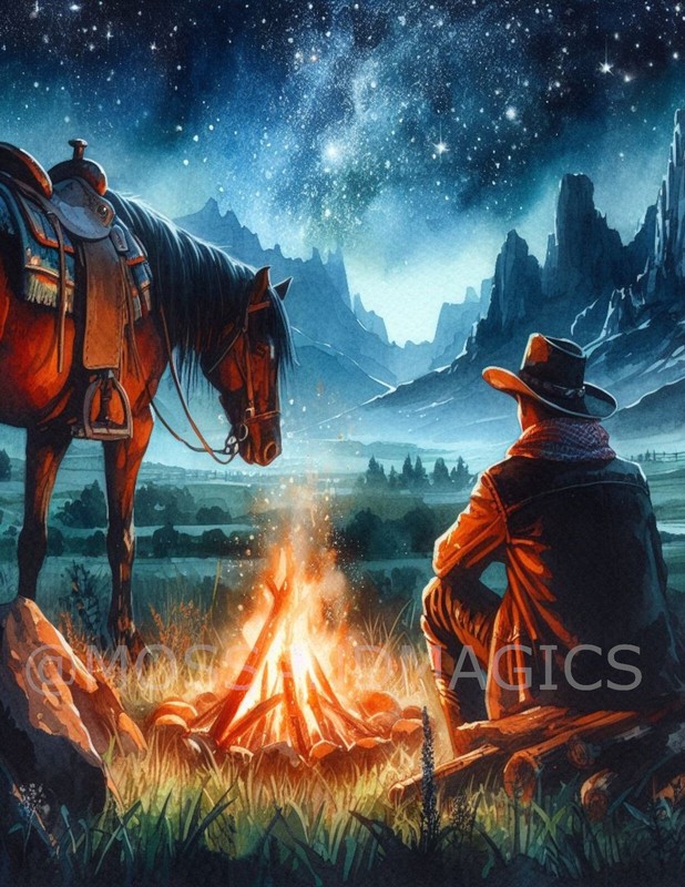 Cowboy sitting next to campfire with horse , Stars Western Watercolor wall art gallery