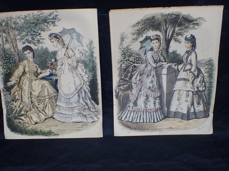 SIGNED RARE Pair Of Antique ANAIS TOUDOUZE La Mode Illustra 9" x 11" Paris