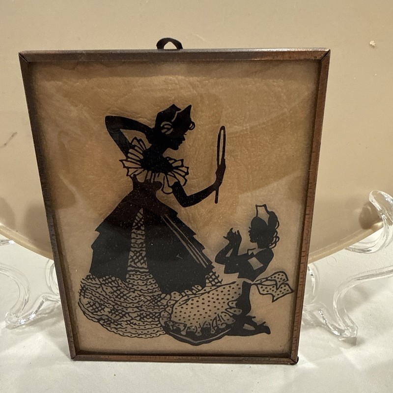 1930’s Silhouette Convex Reverse Painting Woman & Maid Dressing 4.5″ x 3.5″
