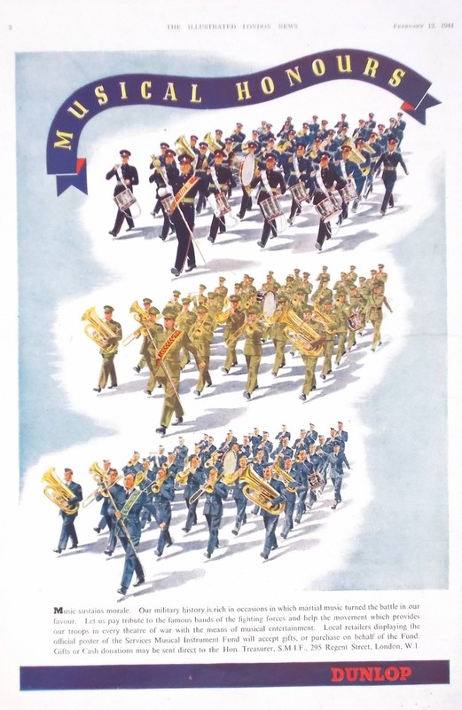OLD VINTAGE ADVERT DUNLOP MILITARY BANDS MUSIC ARMY NAVY AIR FORCE c1944 COLOUR
