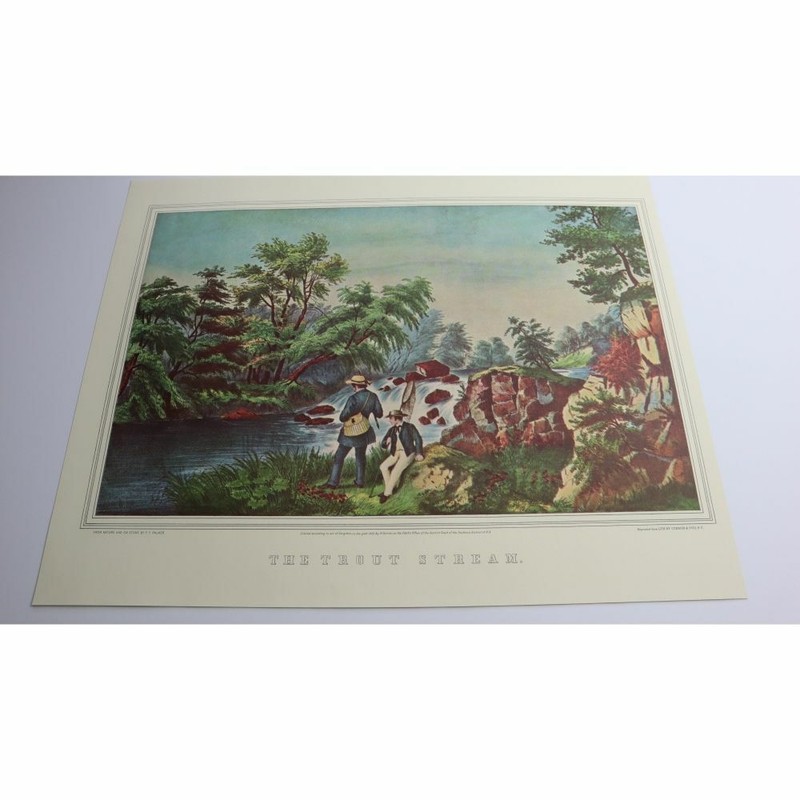 Currier & Ives Vtg Paper Print Trout Stream Fishing Hunting River Scene Outdoor