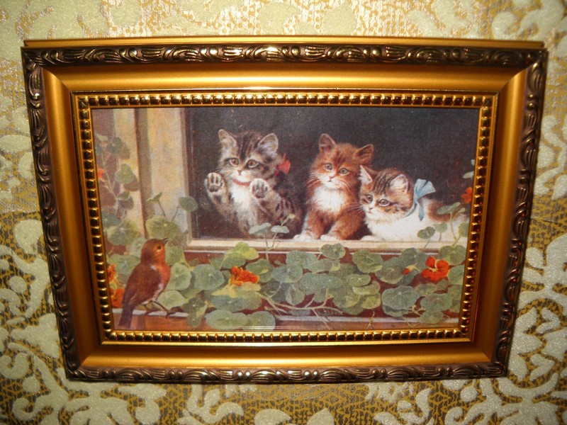 3 KITTENS WATCH BIRD 4 X 6 gold framed animal picture Victorian style print