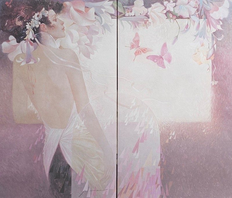 Felix Mas La Ventana HAND SIGNED Lithograph floral woman diptych art nouveau