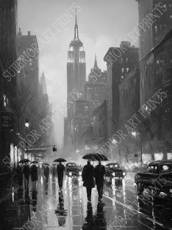 Rainy New York City Black & White Empire State Building Art Print – 4 Sizes