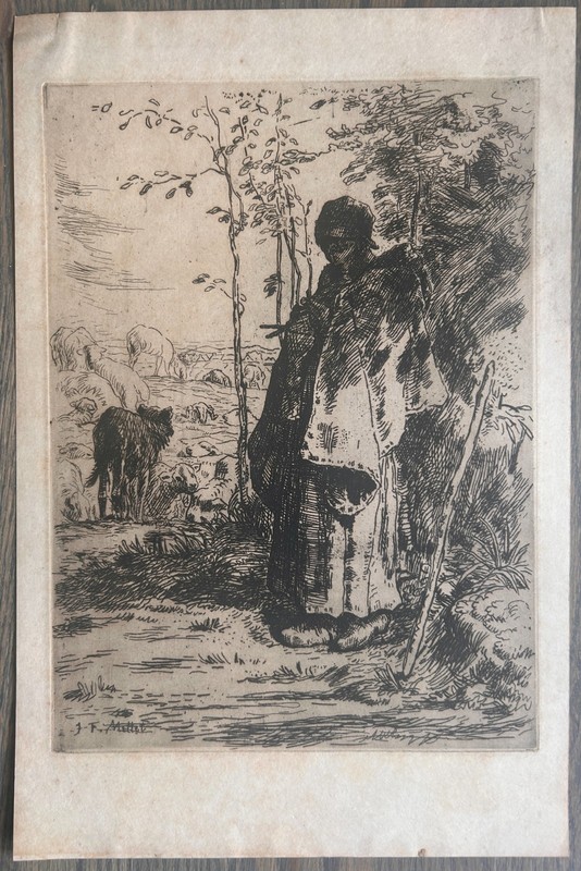 JEAN FRANCOIS MILLET La Grande Bergere Antique Etching Barbizon French Art